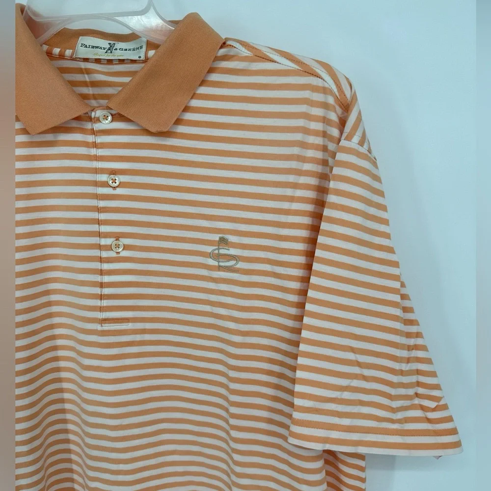 Fairway & Greene Golf Polo Shirt Men's L Peach White Striped‎ Champions Retreat